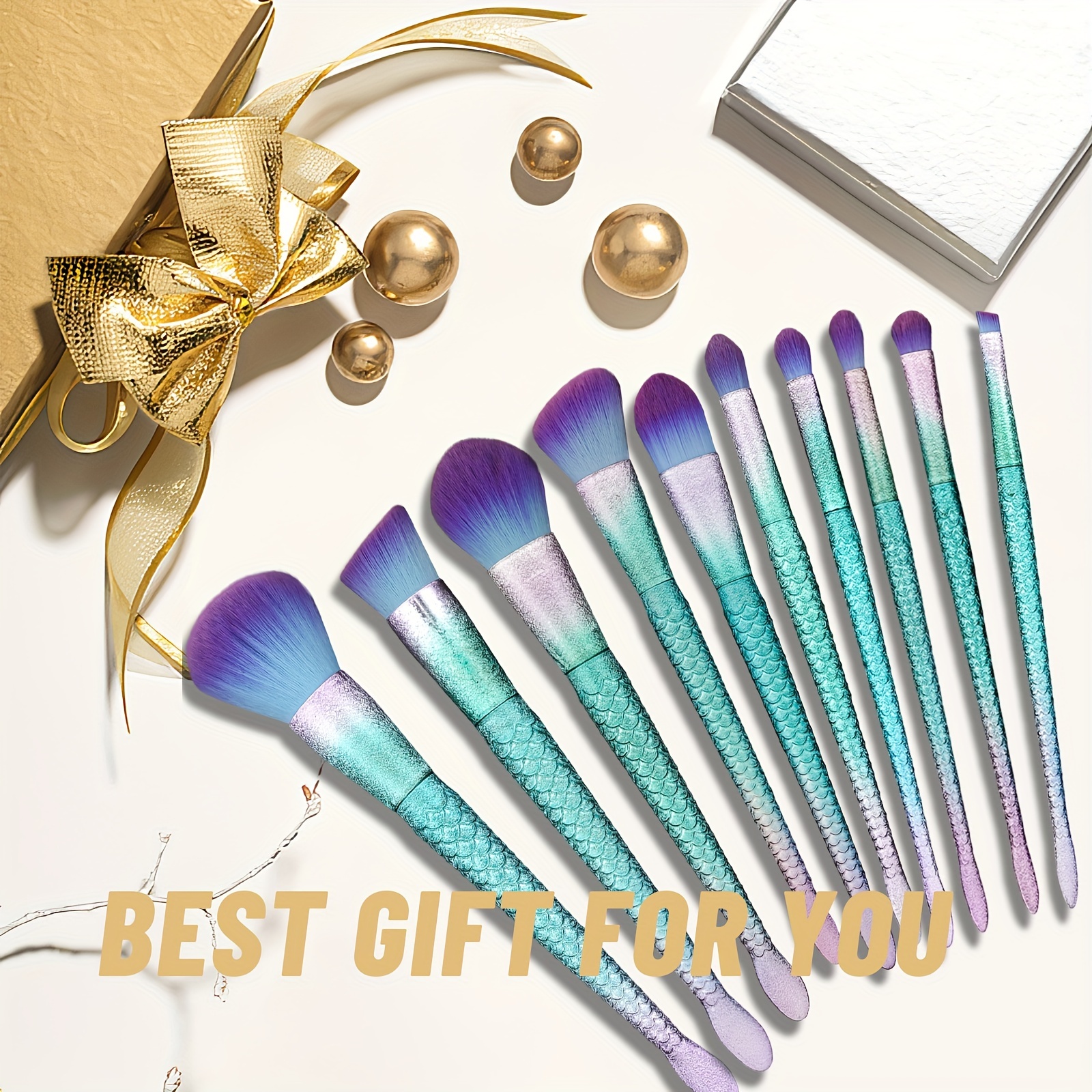 Mermaid Makeup Brushes Kit With Green Blue Handle - Temu