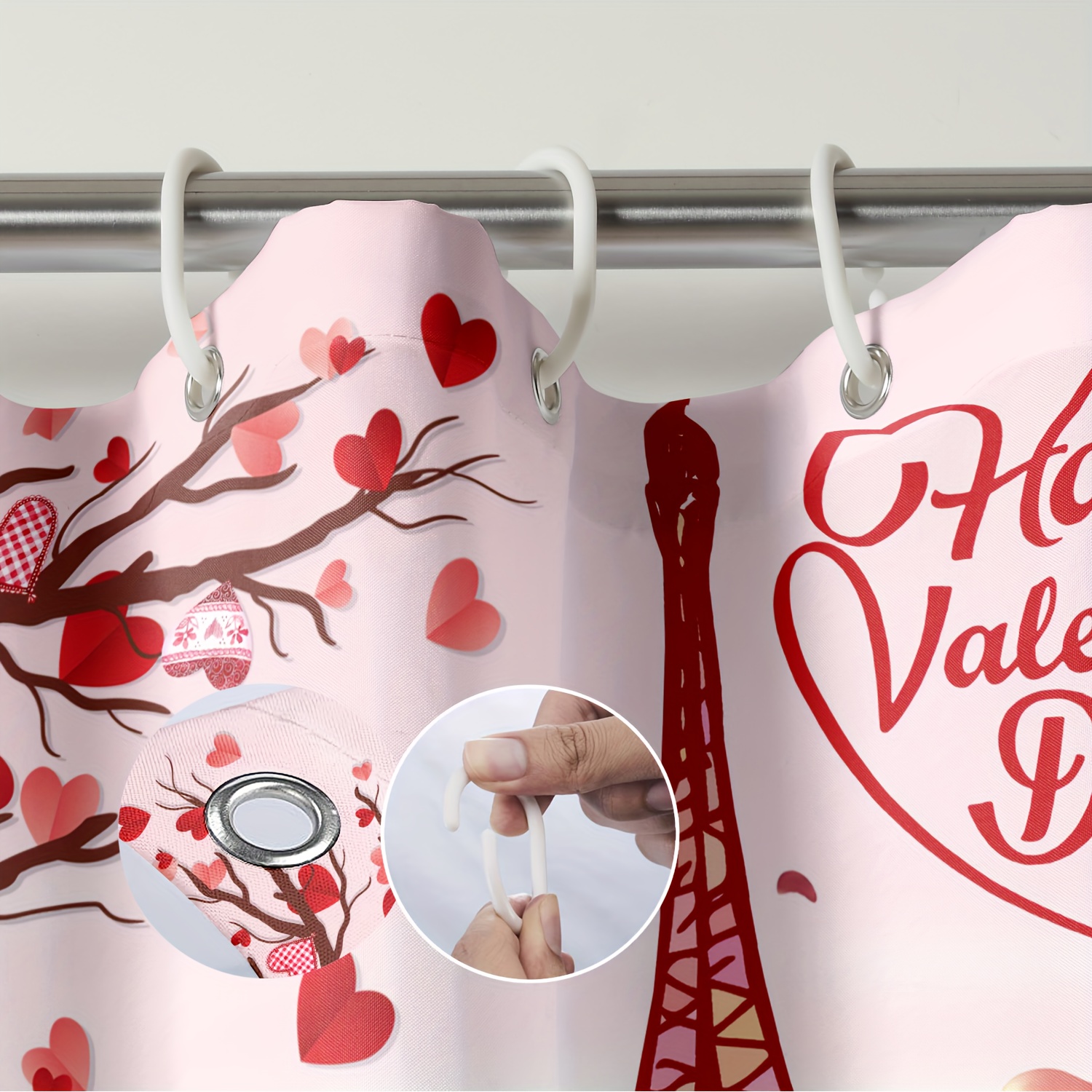 Valentine's Day Shower Curtain Farmhouse Romantic Rose Gnome Couple Red Heart Tree Valentine Shower Curtain for Bathroom Decor Fabric Waterproof