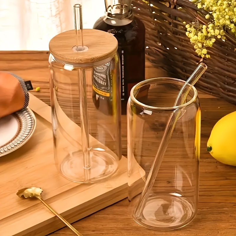 Drinking Cup With Bamboo Lids And Glass Straws, Can Shaped Glass Beer Cups,  Iced Coffee Cups, Lovely Tumblers, Cocktail, Whisky, Ideal Choice For  Gifts, ( Glass+lid+straw+straw Brush) - Temu