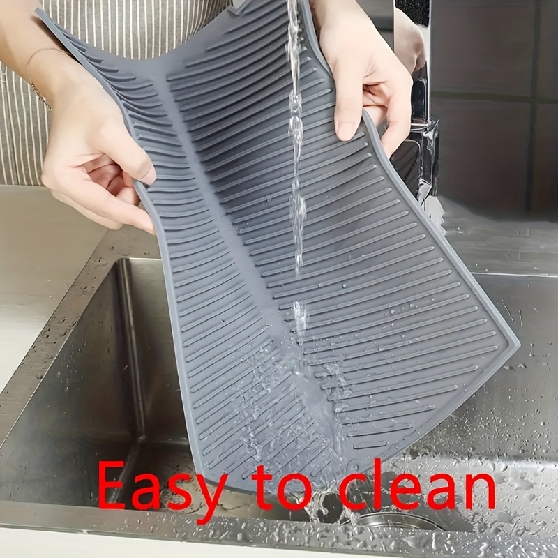 Silicone Dish Drying Mat With Built-in Drain Lip, Easy Clean