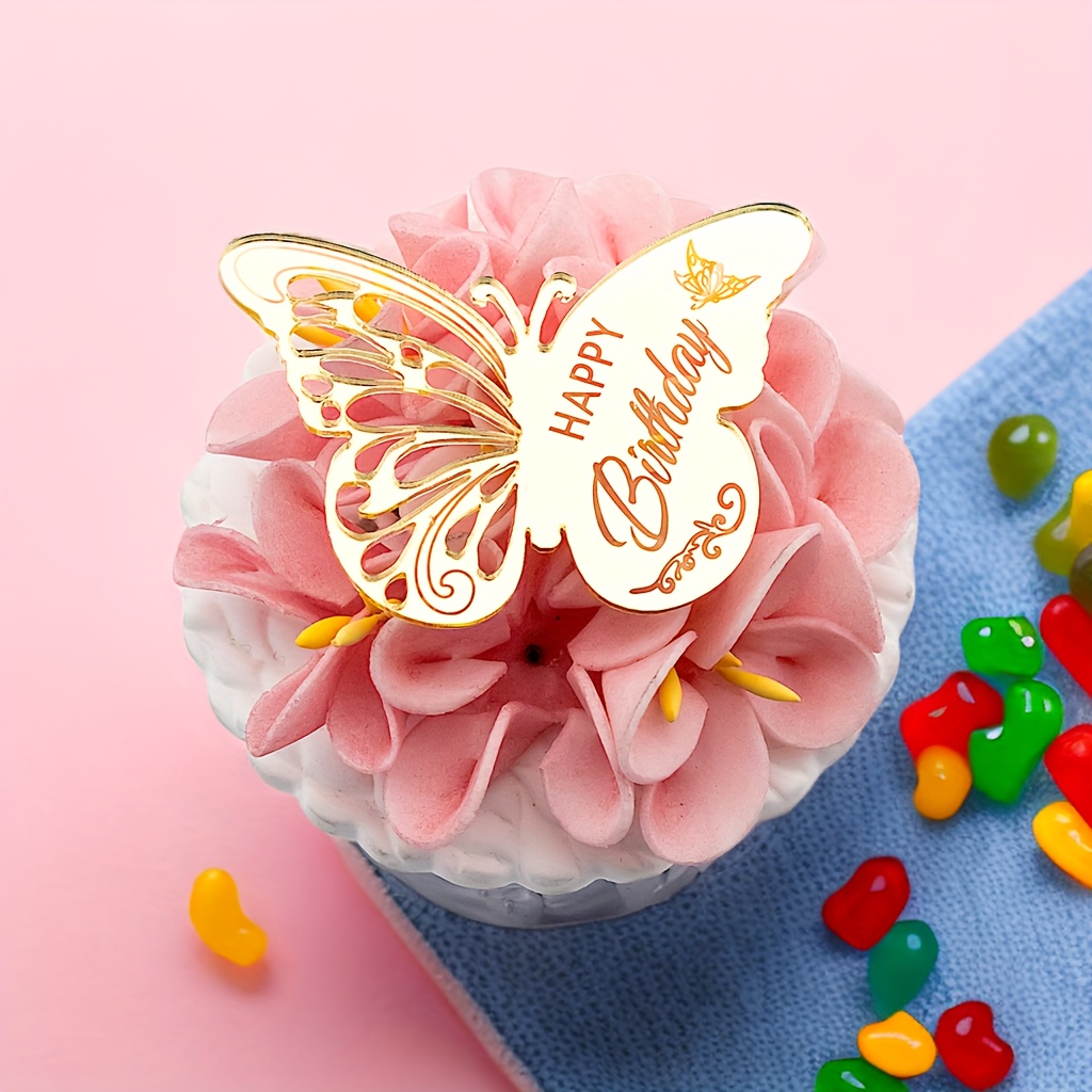 Golden Butterfly Cake Decorations Happy Birthday Acrylic - Temu