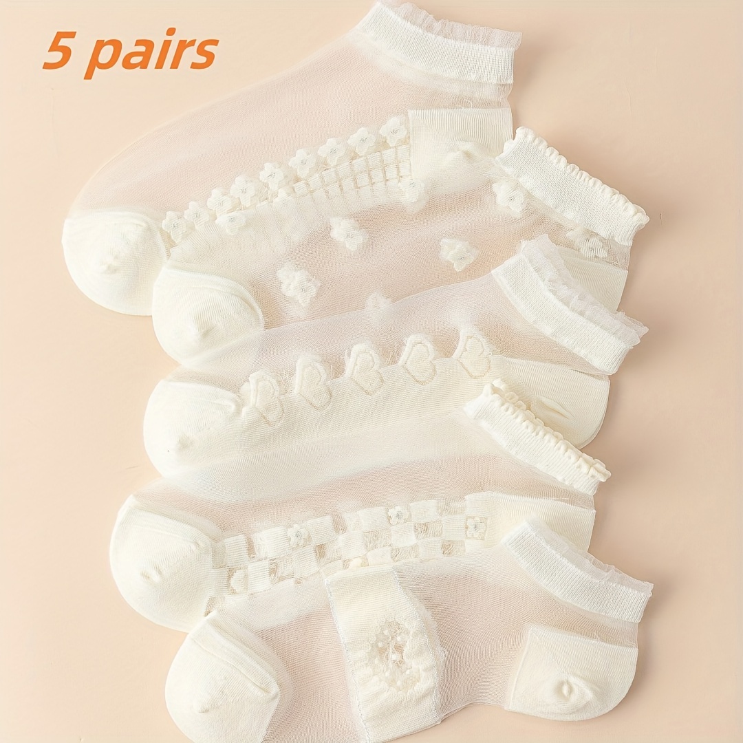

5 Pairs Floral Pattern Socks, Cute & Breathable Mesh Short Socks, Women's Stockings & Hosiery