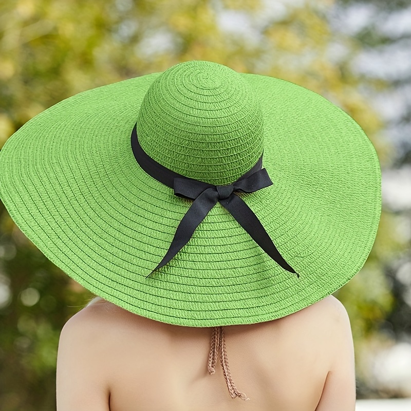 Wide Brim Sun Hat Solid Color Bowknot Strap Breathable Straw