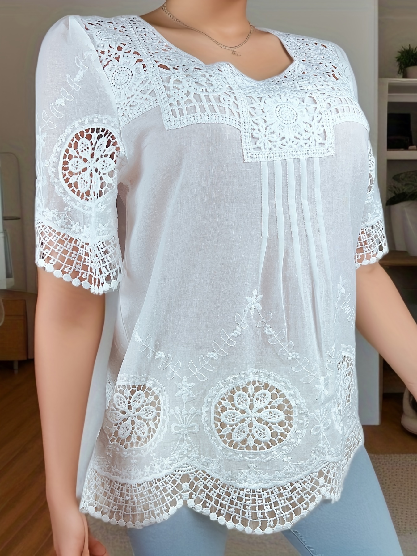 Shirt with Eyelet Embroidery - White - Ladies
