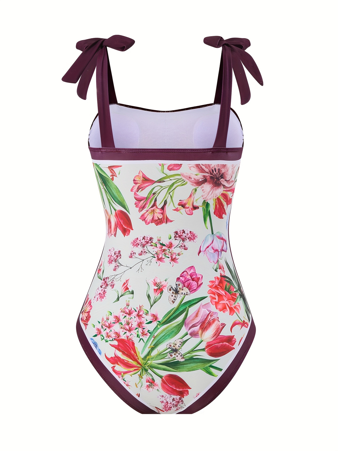 Elegant Floral Print Purple Swimsuits Tie Shoulder High - Temu