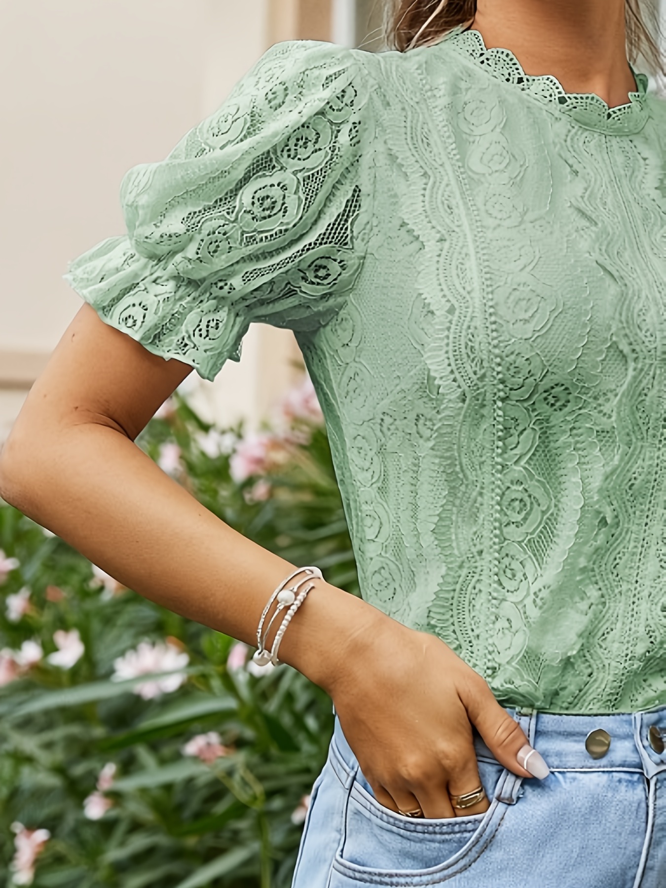 Women Tops Contrast Guipure Lace Ruffle Sleeve Blouse (Color : Mint Green,  Size : Small) : : Clothing, Shoes & Accessories