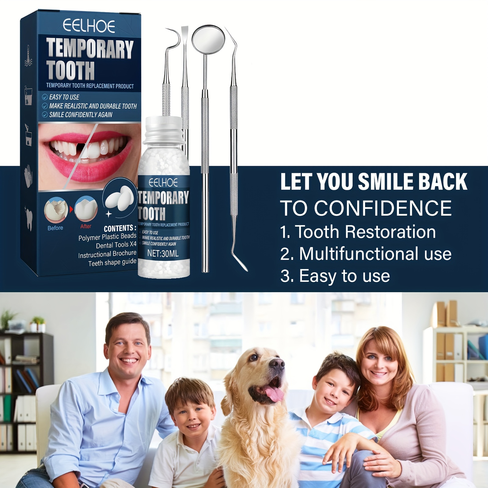 Tooth Repair Kit,4Pcs Dental Tools,1Pcs 30ml Dental Repair Denture