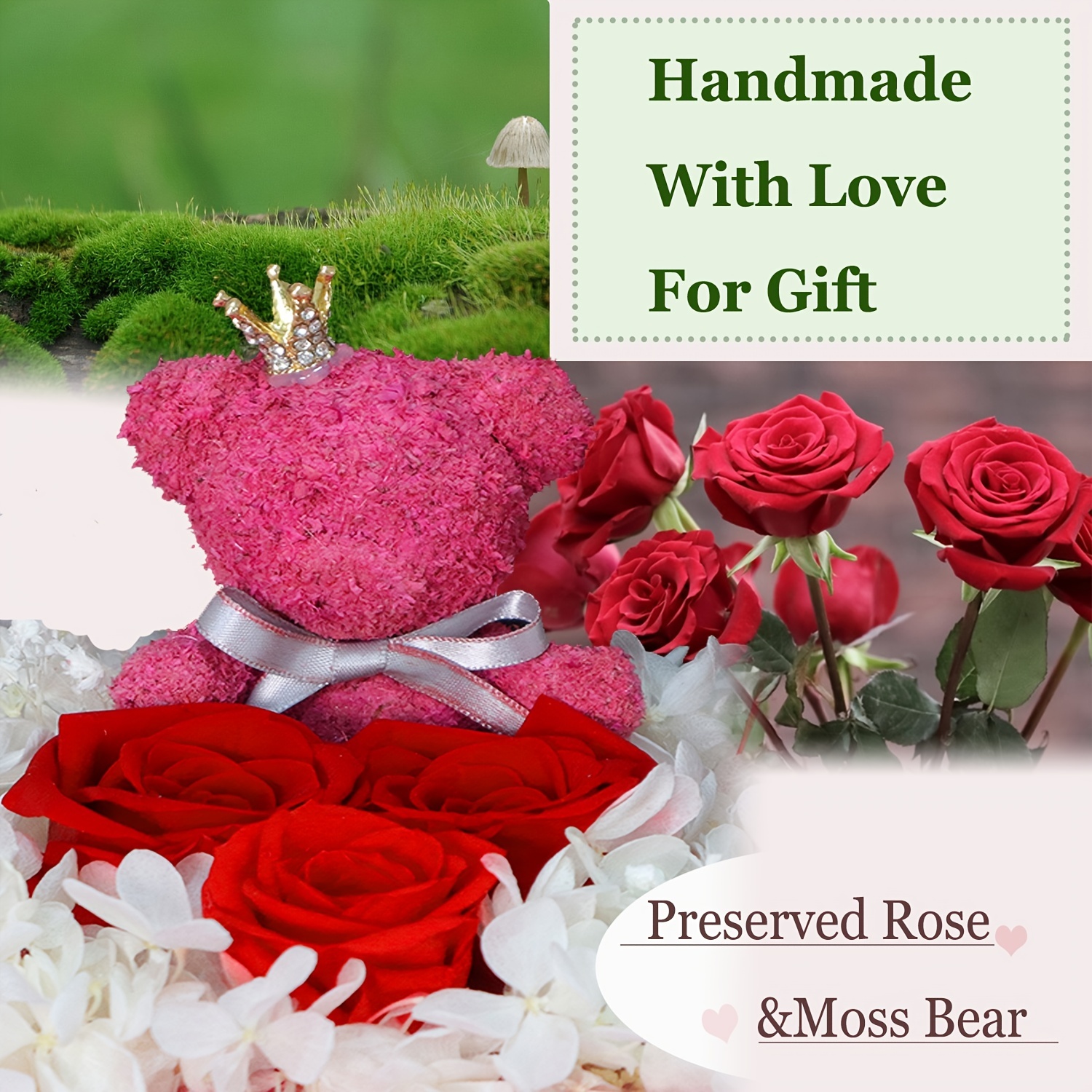 Preserved Rose Moss Bear MOM Gift Set: Mom Necklace