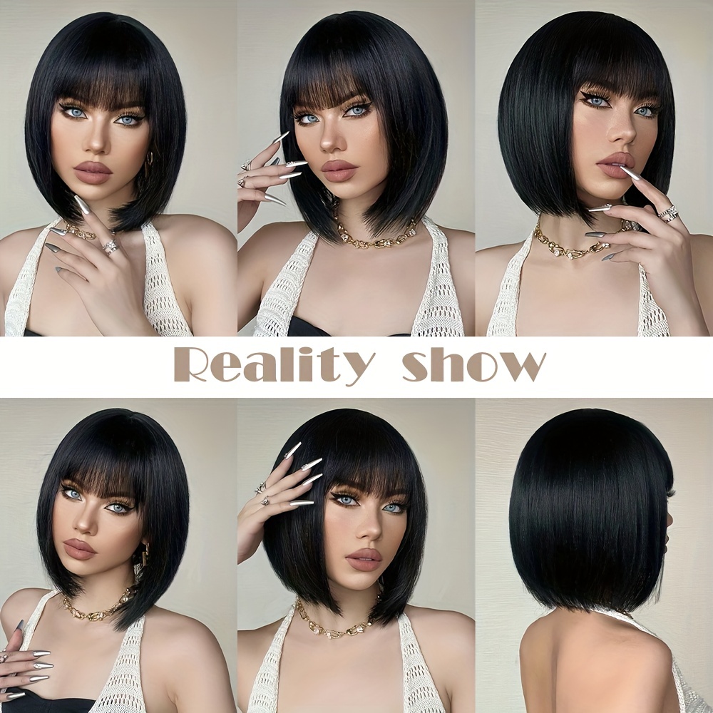 Straight Short Bob Wigs Bangs Women Elegant Synthetic Fiber Temu