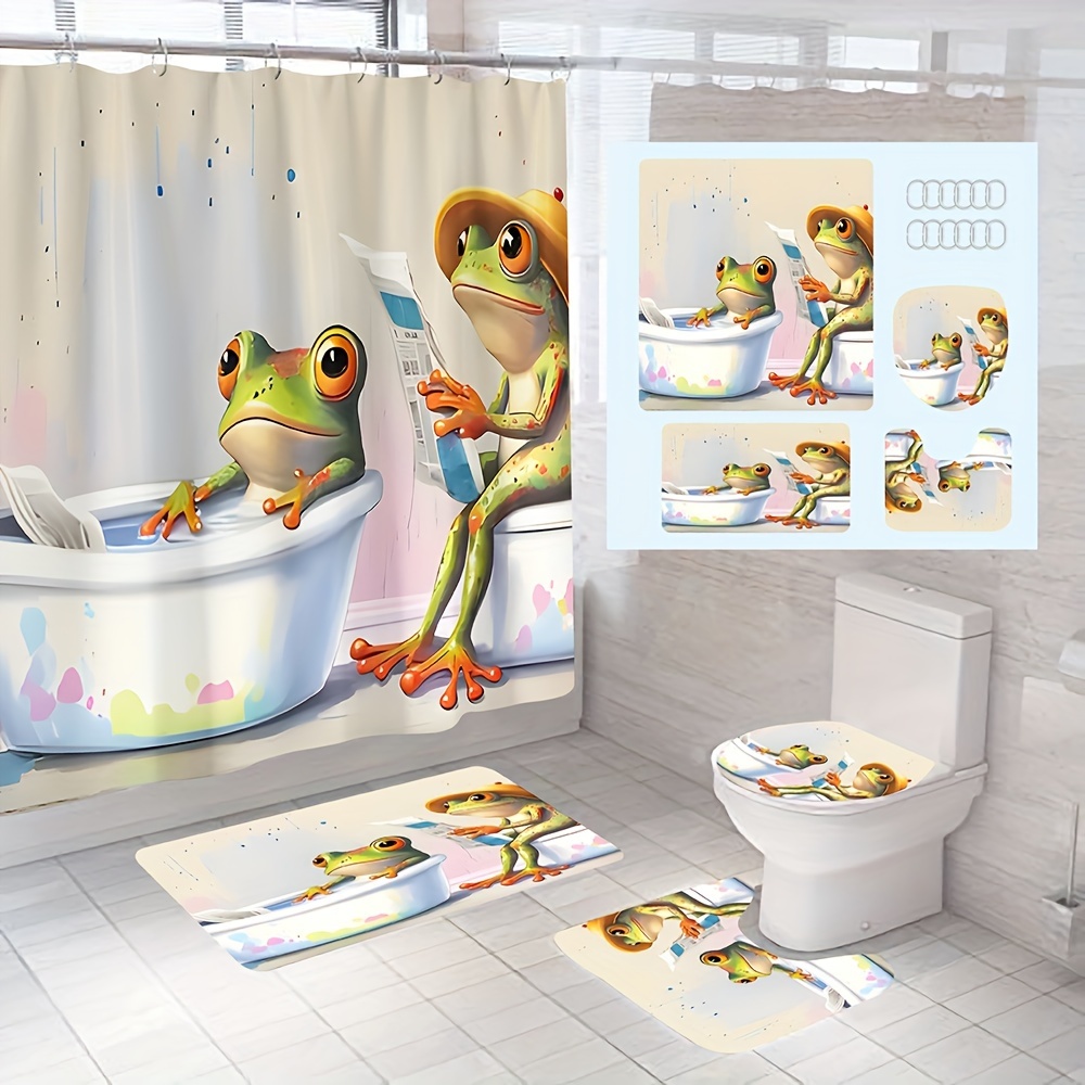 Shower Curtain Set Bathing Frog Printed Waterproof Shower - Temu