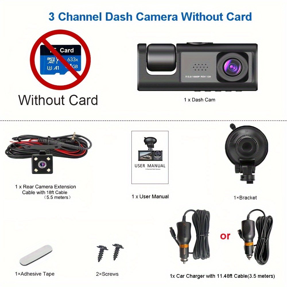 Dash Cam 3 Channel Front and Rear Inside,32GB Free SD Card 2.0