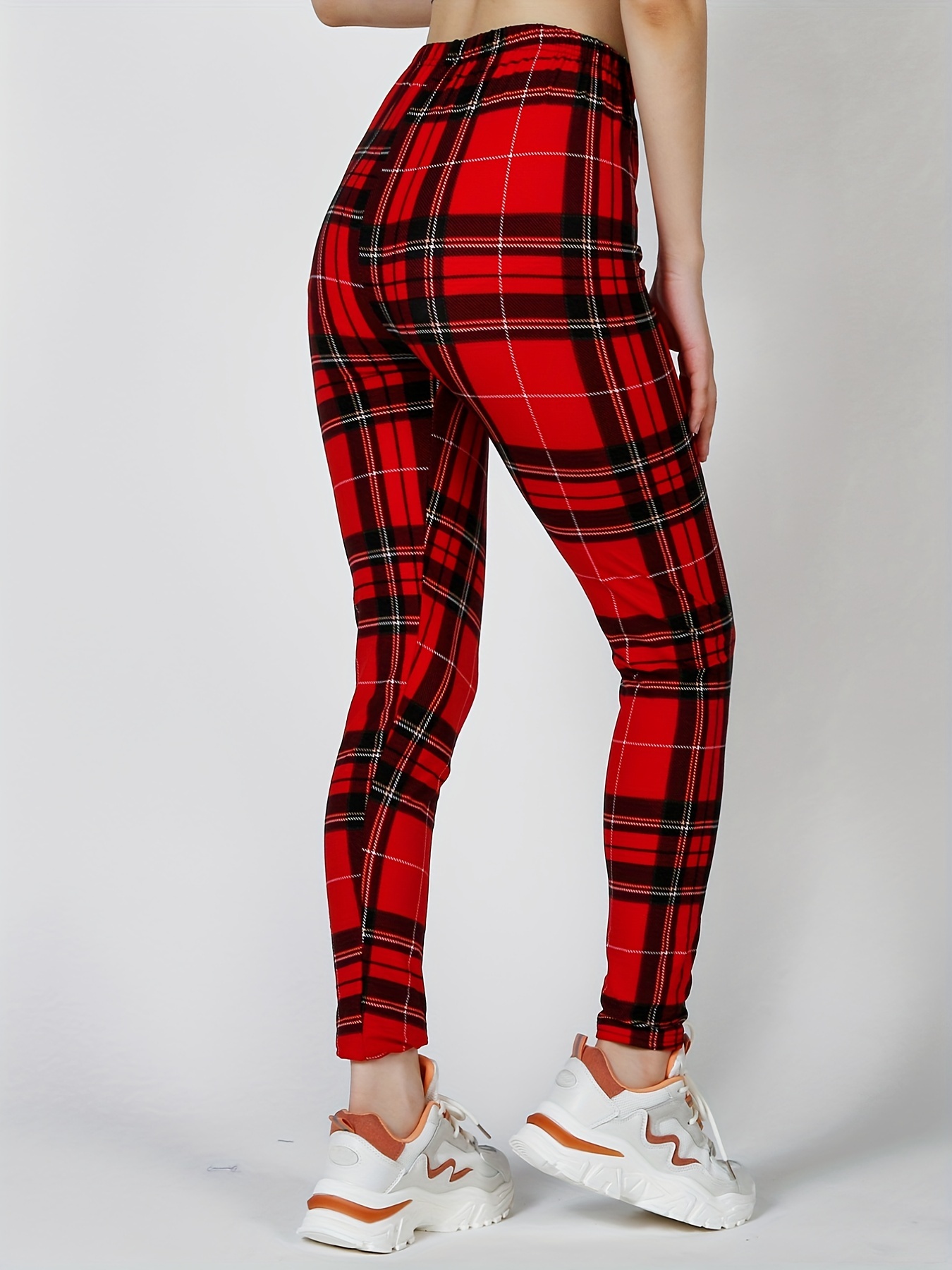 Stylish Checkered Plaid Women's High Waist Elastic Leggings with Pants