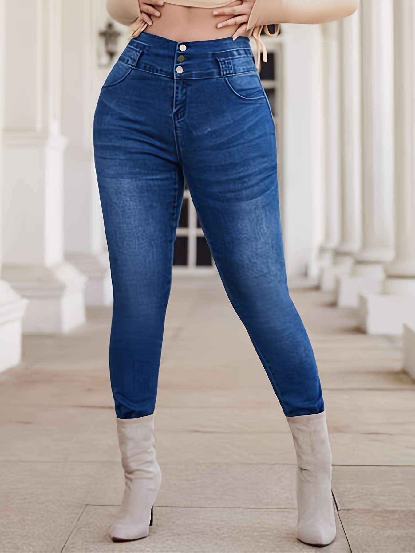 Jeans ajustados elásticos con curvas de cintura alta, pantalones de  mezclilla de diseño clásico de color sólido de tiro alto, jeans y ropa de  mujer