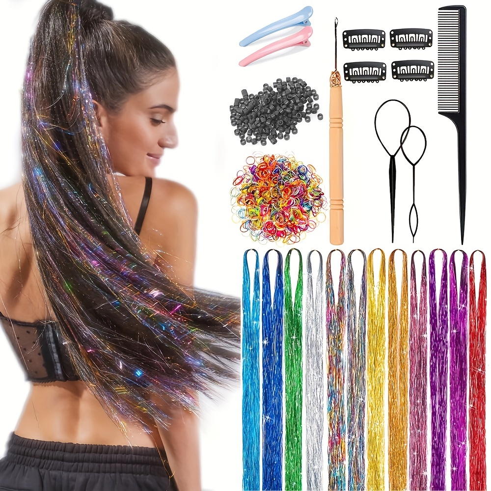 Hair Tinsel Kit, 5 Colors 48 Inches, Fairy Hair Tinsel Hair Extensions, Human Hair Extensions Y2K Halloween Heat Resistant Hair Accessories for