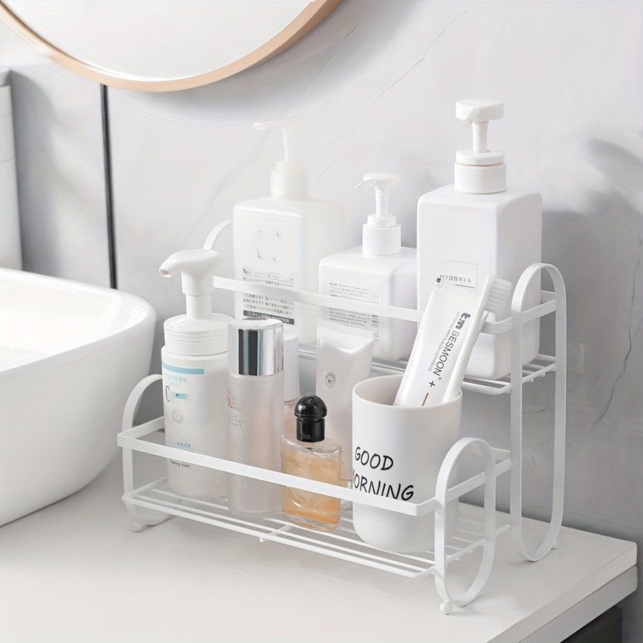 Double Layer Bamboo Bathroom Shelf For Shampoo Skincare Cosmetic Bathroom  Countertop Storage Rack Bathroom Organizer