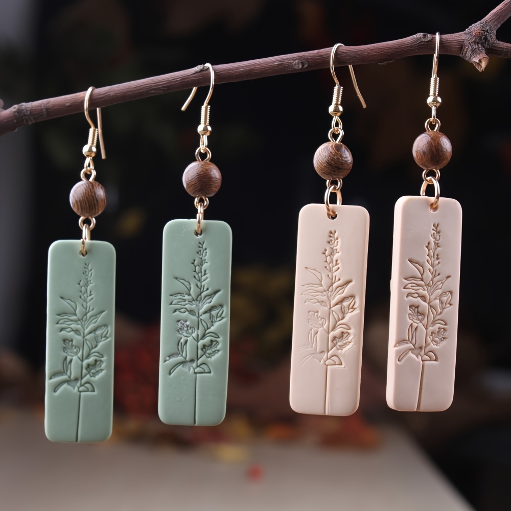 

Rectangle Shape Carved Leaf Pattern Dangle Earrings Bohemian Cute Style Polymer Clay Texture Trendy Holiday Earrings