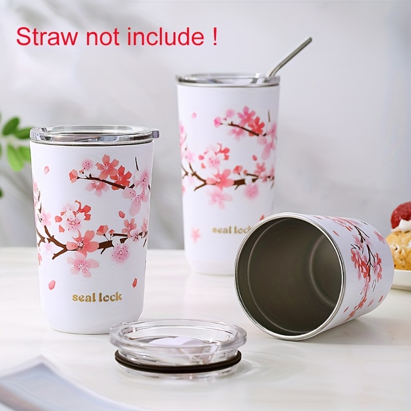 

1pc, Cherry Blossom Coffee Mug With Lid, Stainless Steel Coffee Cups, Cute Sakura Water Cups For Home And Office, Summer Winter Drinkware, Home Kitchen Items, Birthday Gifts