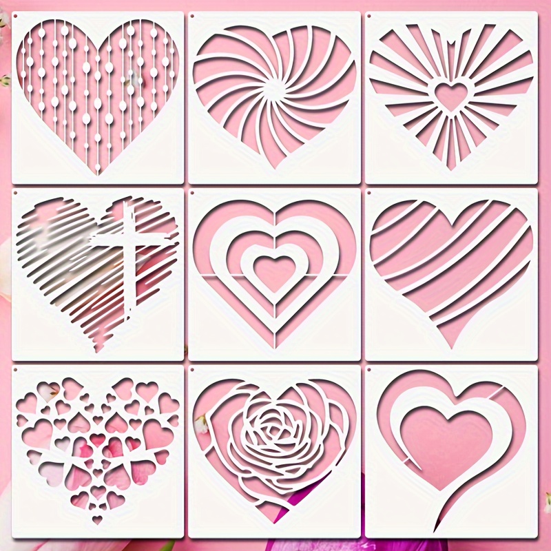 9pcs Heart Stencil, 7.87 Inch Reusable Heart Painting Template With Metal  Open Ring, Love Heart Drawing Templates Art Craft Stencils For Painting On W