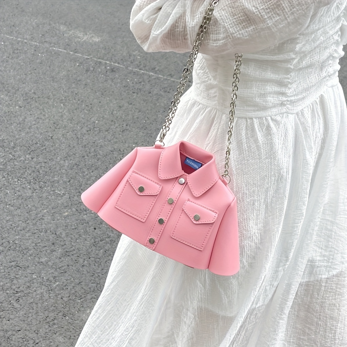 bag, pink bag, leather bag, crossbody bag, mini skirt, ruffle