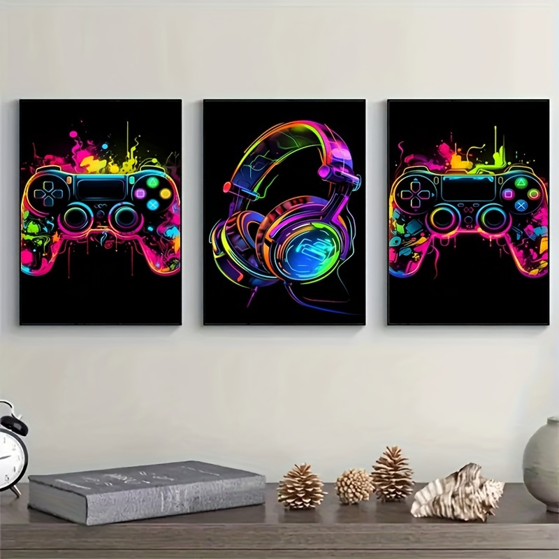 

3pcs/set Unframed Canvas Poster, Modern Art, Game Poster, Neon Light Gamepad Decorative Painting, Ideal Gift For Bedroom Living Room Corridor, Wall Art, Wall Decor, Winter Decor, Room Decoration