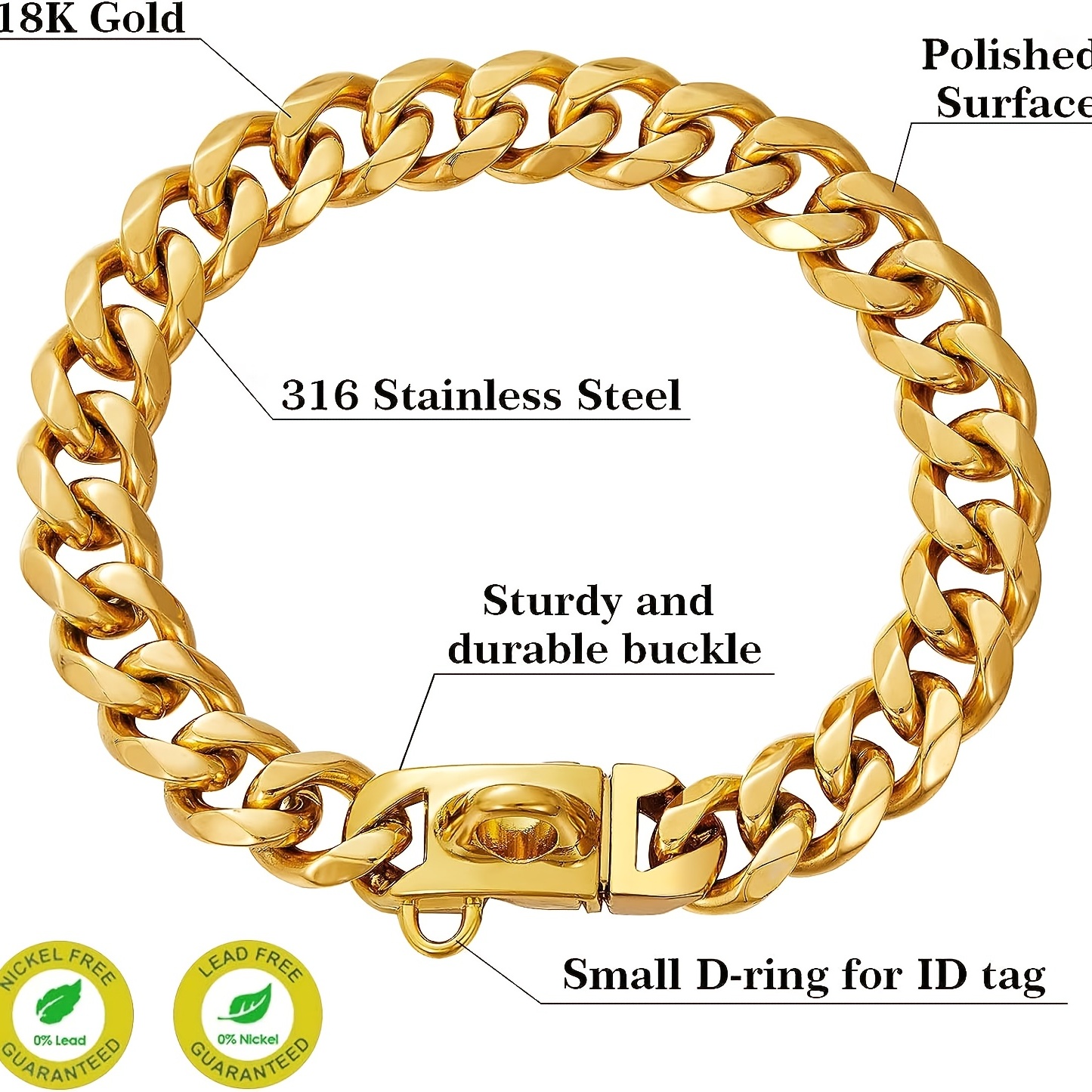 Gold Dog Chain Collar Stainless Steel 18K Gold Collar Adjustable Walking,  Metal Cuban Link Chew Proof Double Row Chain for Large Small Medium Dogs