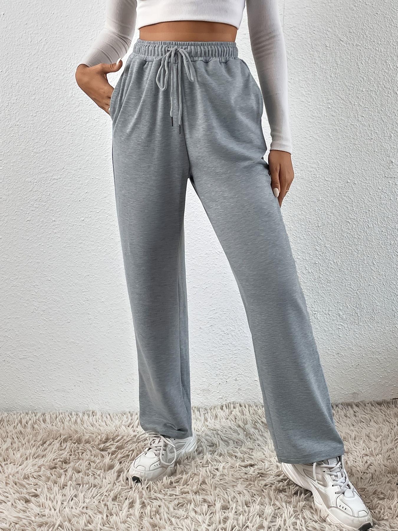 Drawstring Elastic Sweatpants, Solid High Waist Sweatpants With Pocket,  Casual Every Day Pants, Women's Clothing