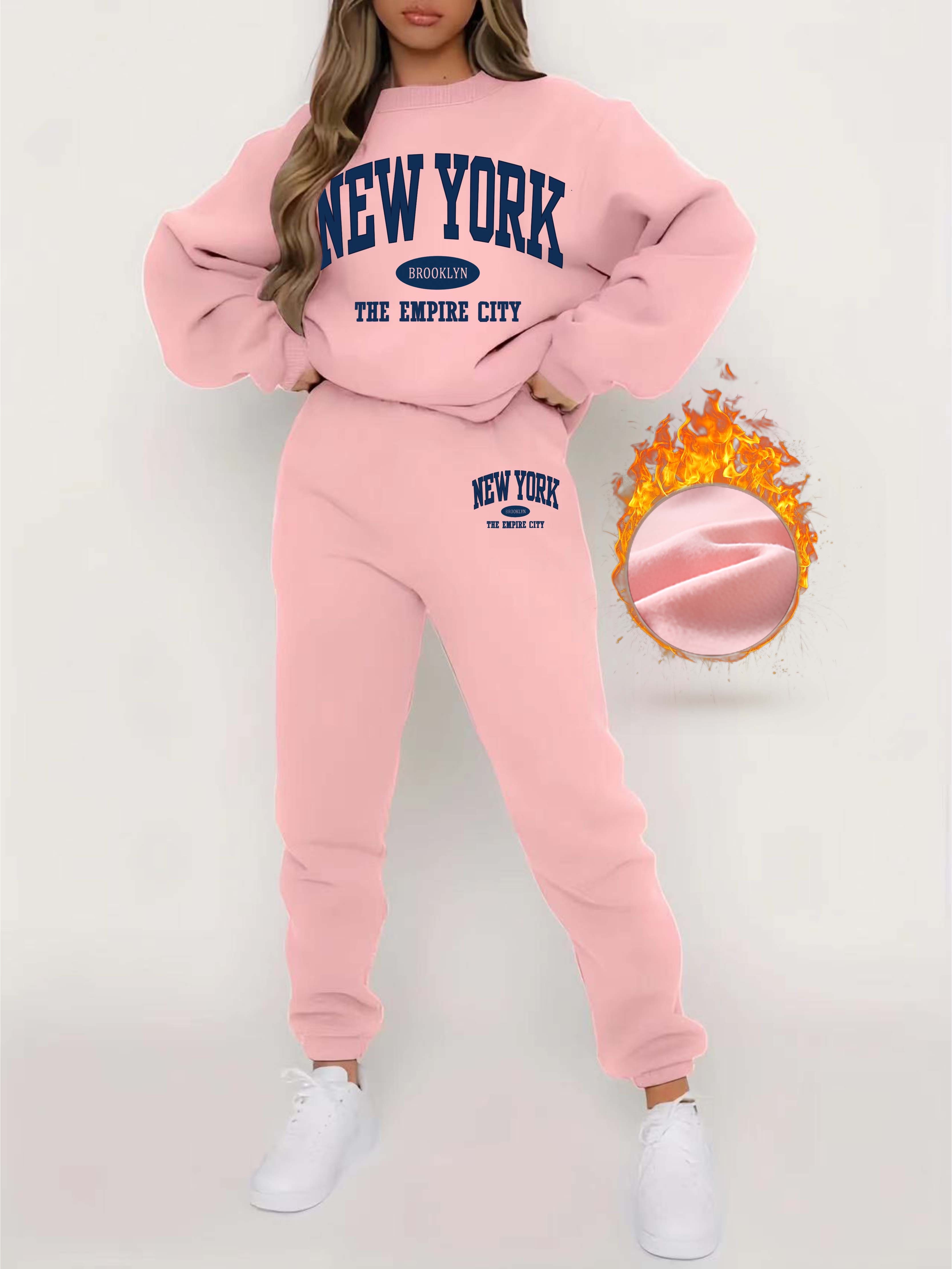 Fall Winter Tracksuits Two Piece Set Pink Letter Print Solid Casual Outfits  Zip Sweatshirt + Pockets Pants Set Women Sweat Suit