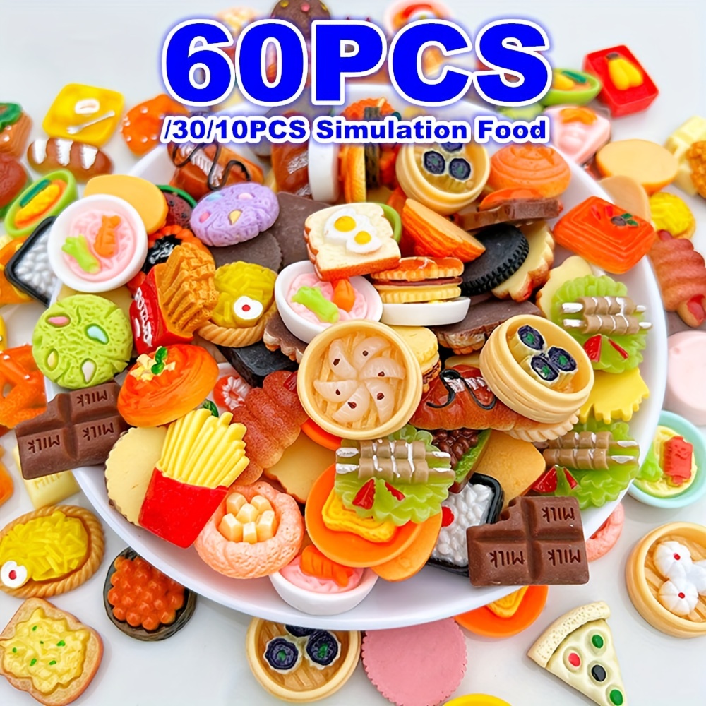 100pcs Miniature Food Drinks Bottle Toys Dollhouse Mixed Resin Accessories for Adults Kids Kitchen Accessories for Pretend Play Hamburger, Pizza,Cake
