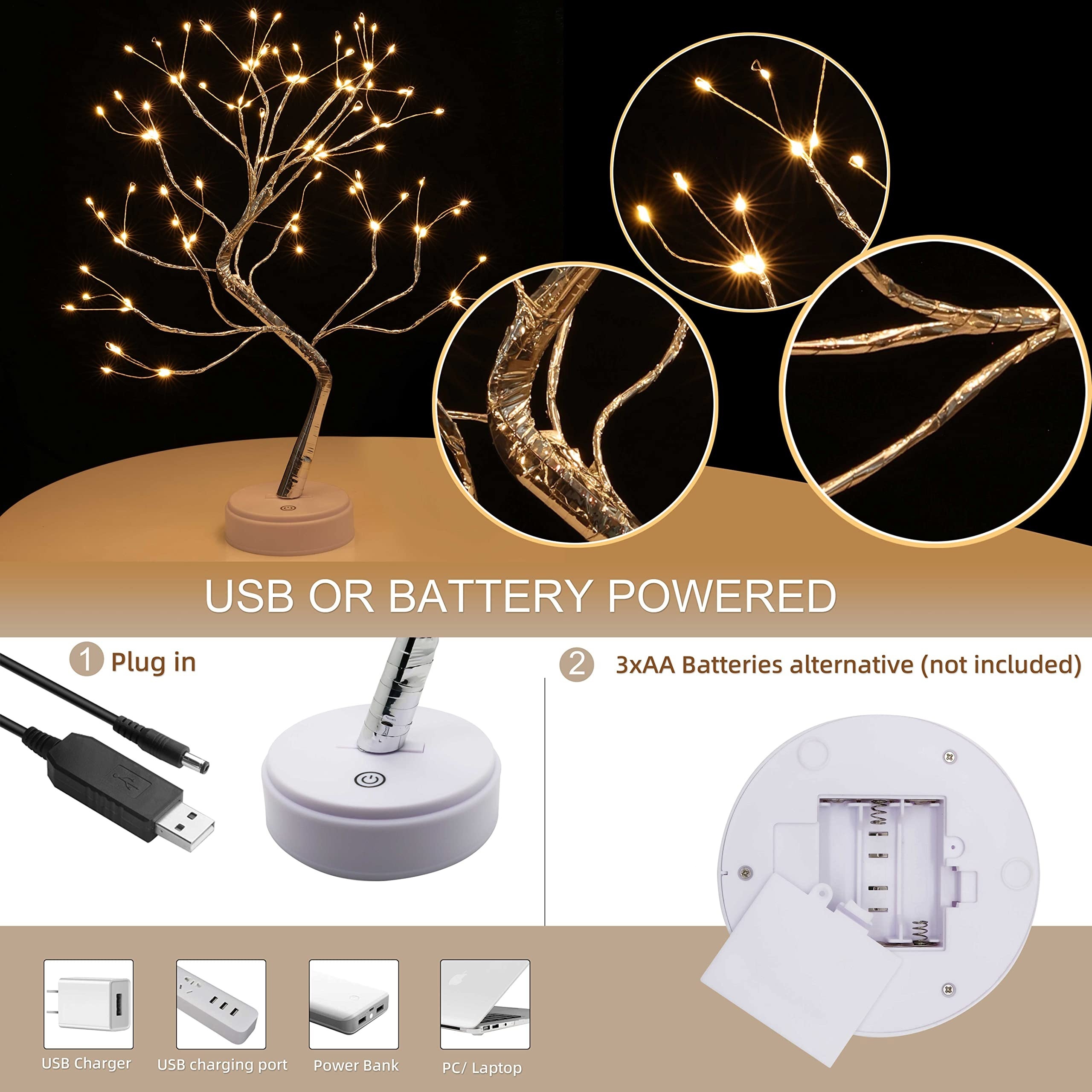 LED Baum Lichter Warmweiß USB Bonsai Baum Licht Verstellbare Äste  Batteriebetrieben Dekobaum Belichtet Kleine Baumbeleuchtung Innen Deko (108  Lampenperlen)