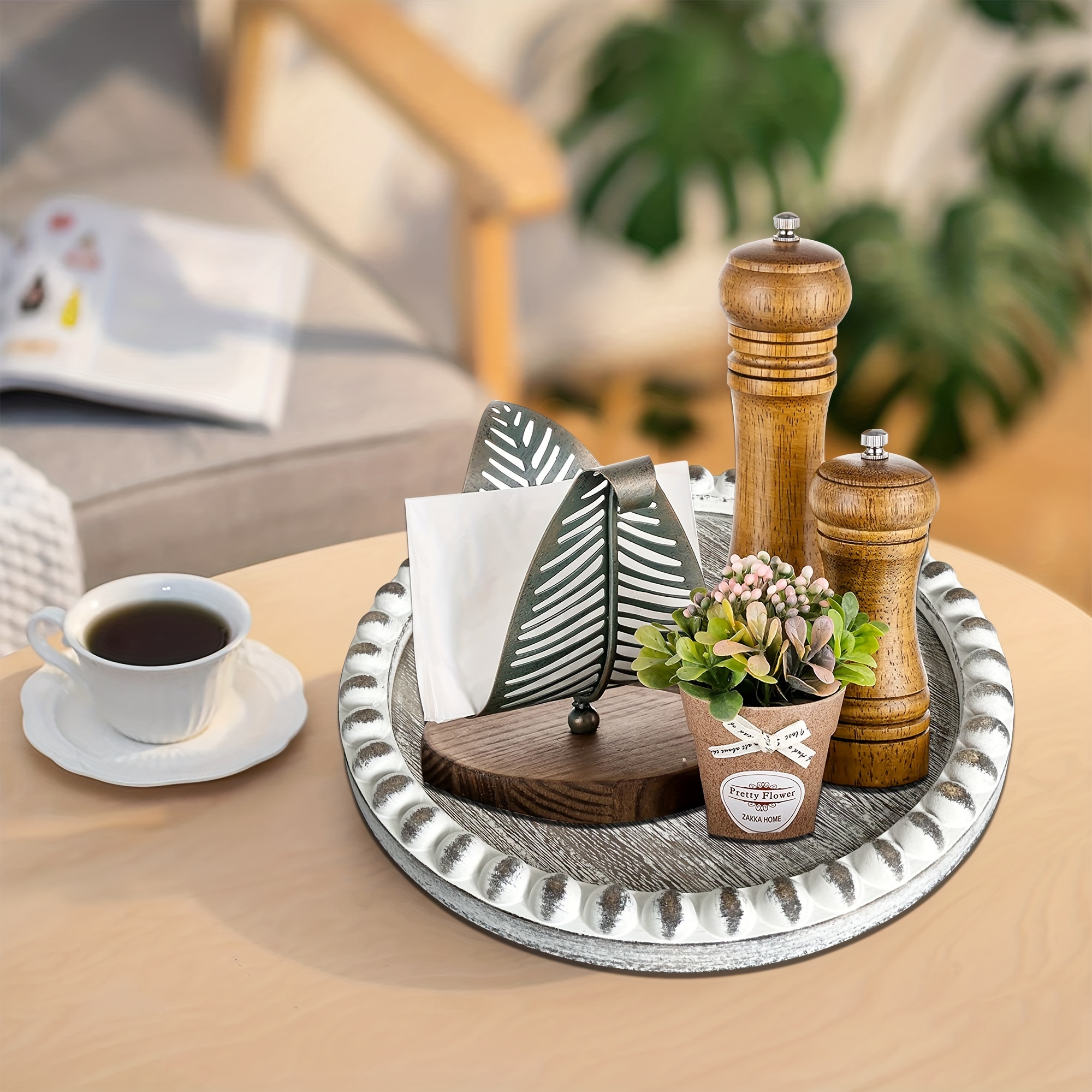  Bandeja decorativa de madera redonda grande: bandeja rústica  Hanobe para mesa de café, bandeja de granja, decoración de centro de mesa  de madera lavada blanca, bandeja redondeada para encimera de 