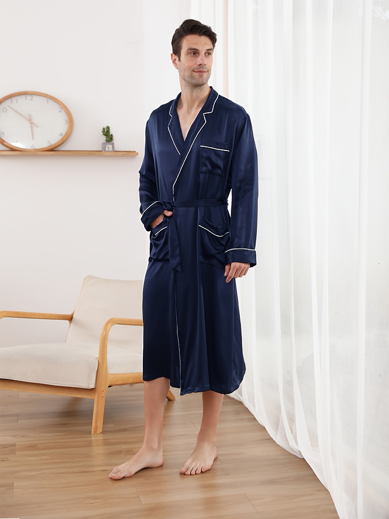 Men's Thin Belted Sleep Robe Pajamas With Multiple Pockets Clothing