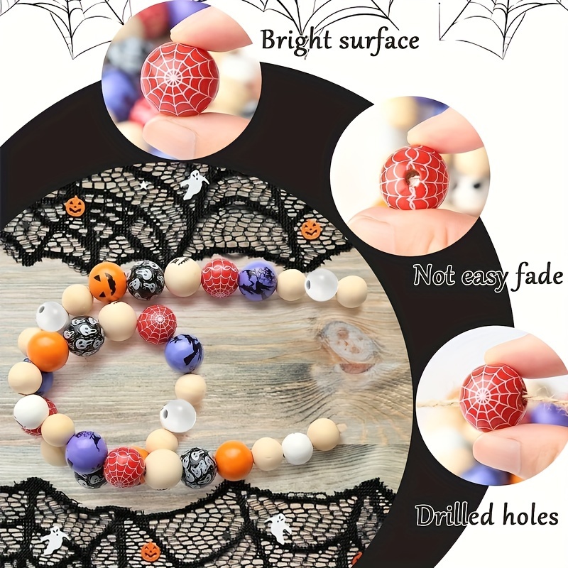100pcs Halloween Wooden Beads Scary Face Skull Spider Ghost Beads