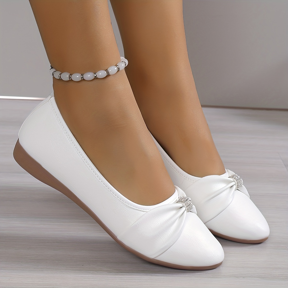 

Women's Bowknot Flat Shoes, Rhinestone Decor Pointed Toe Soft Sole Shoes, Versatile Slip On Ballet Flats
