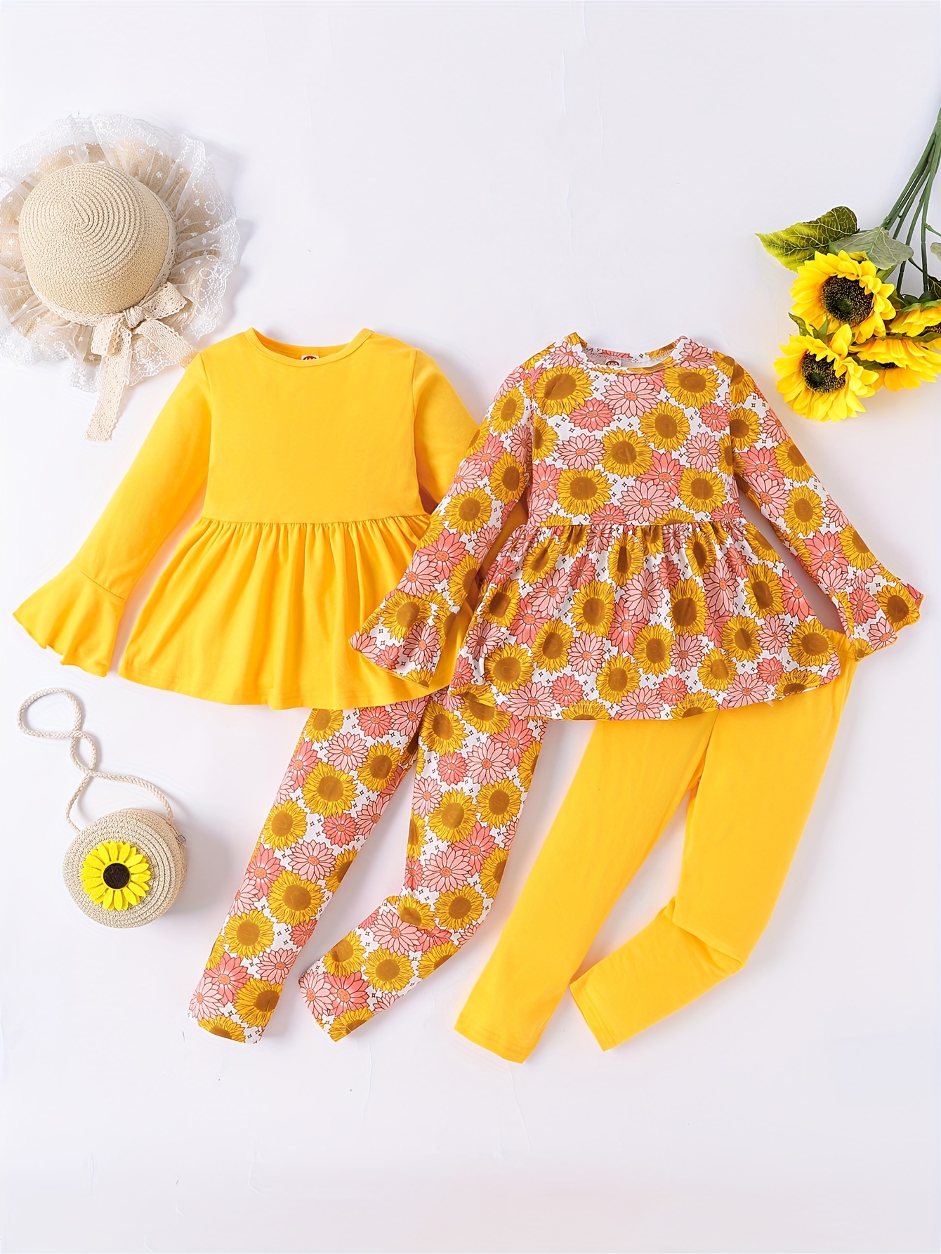 Girls Sister Sunflower Graphic Outfits Crew Neck Top Pants Temu