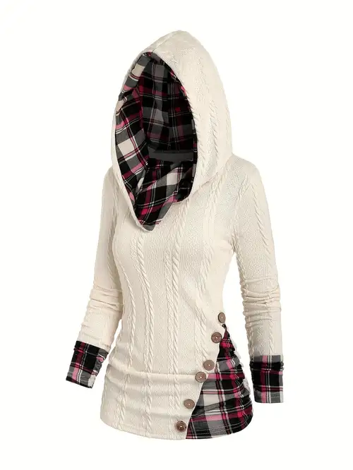 Plaid Splicing Button Decor Cable Hoodie Casual Long Sleeve - Temu