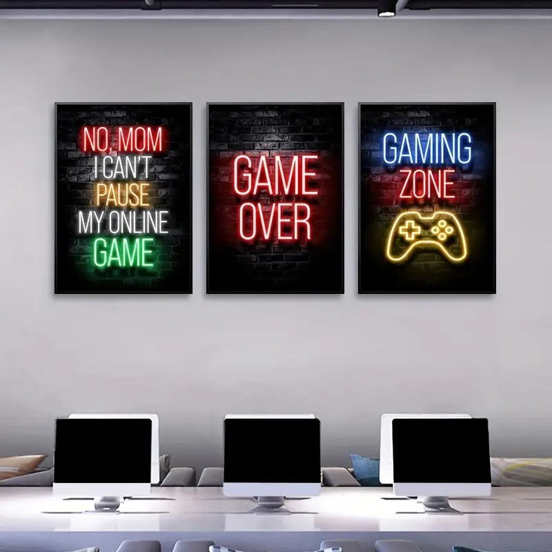 3pcs unframed neon gaming poster wall art decals for home and playroom decor fashionable canvas painting with game zone design details 4