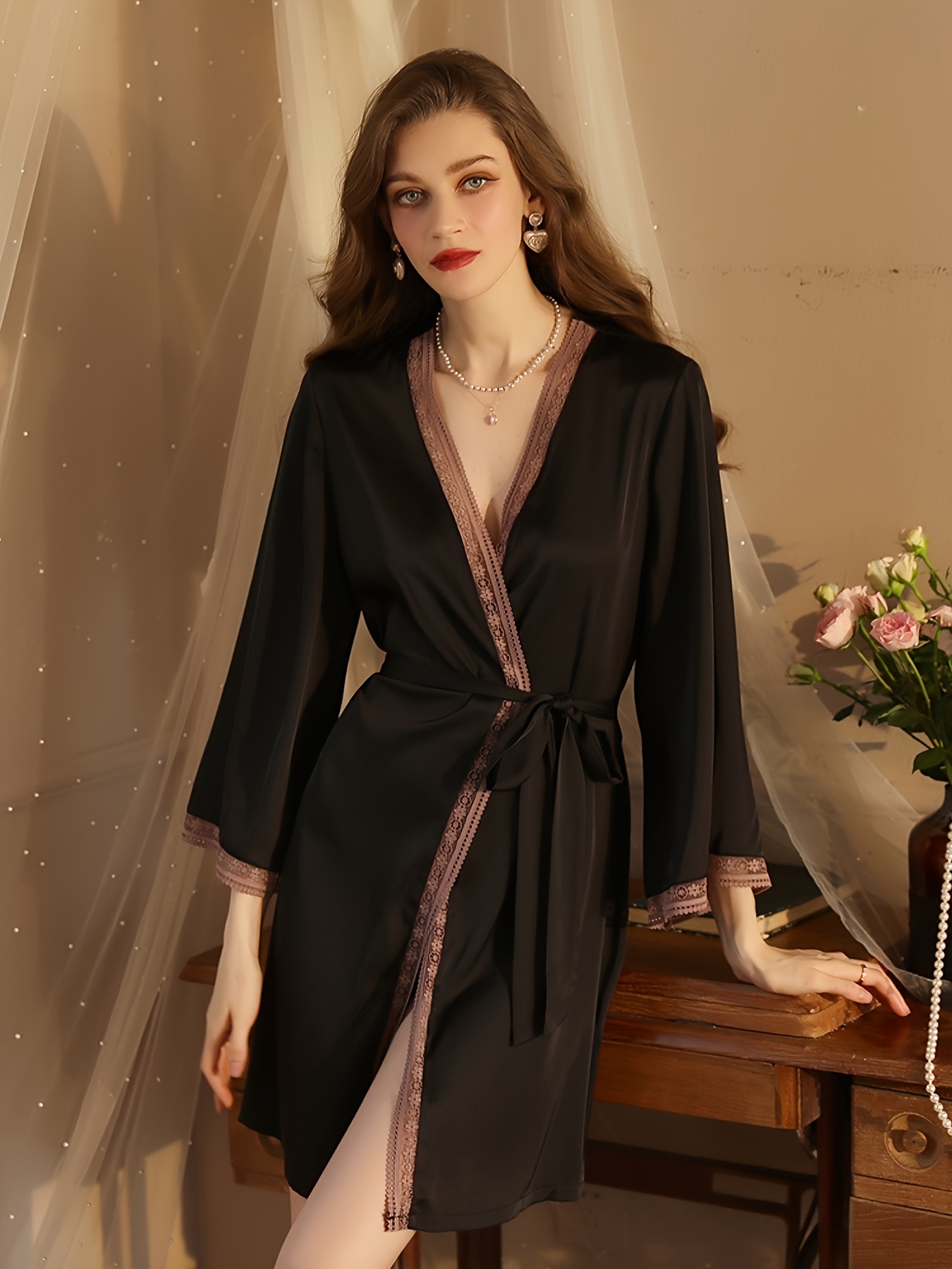 Elegant Solid Lace Trim Lounge Robe Three Quarter Sleeve V - Temu