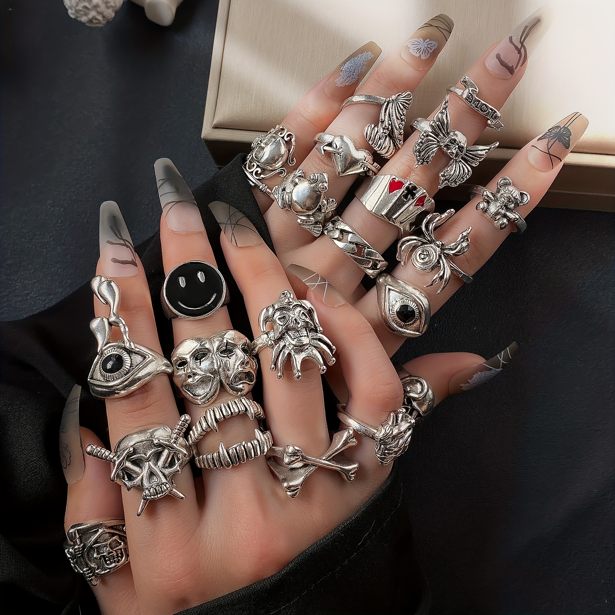 Silver Goth Punk Rings Set for Men Girls,21PCS Cool Gothic Ring Pack for  Eboy,Boho Chunky Knuckle Emo Rings for Women