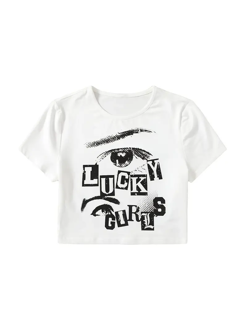 Y2k Lucky Girl Print T shirt Casual Short Sleeve Crop Top - Temu