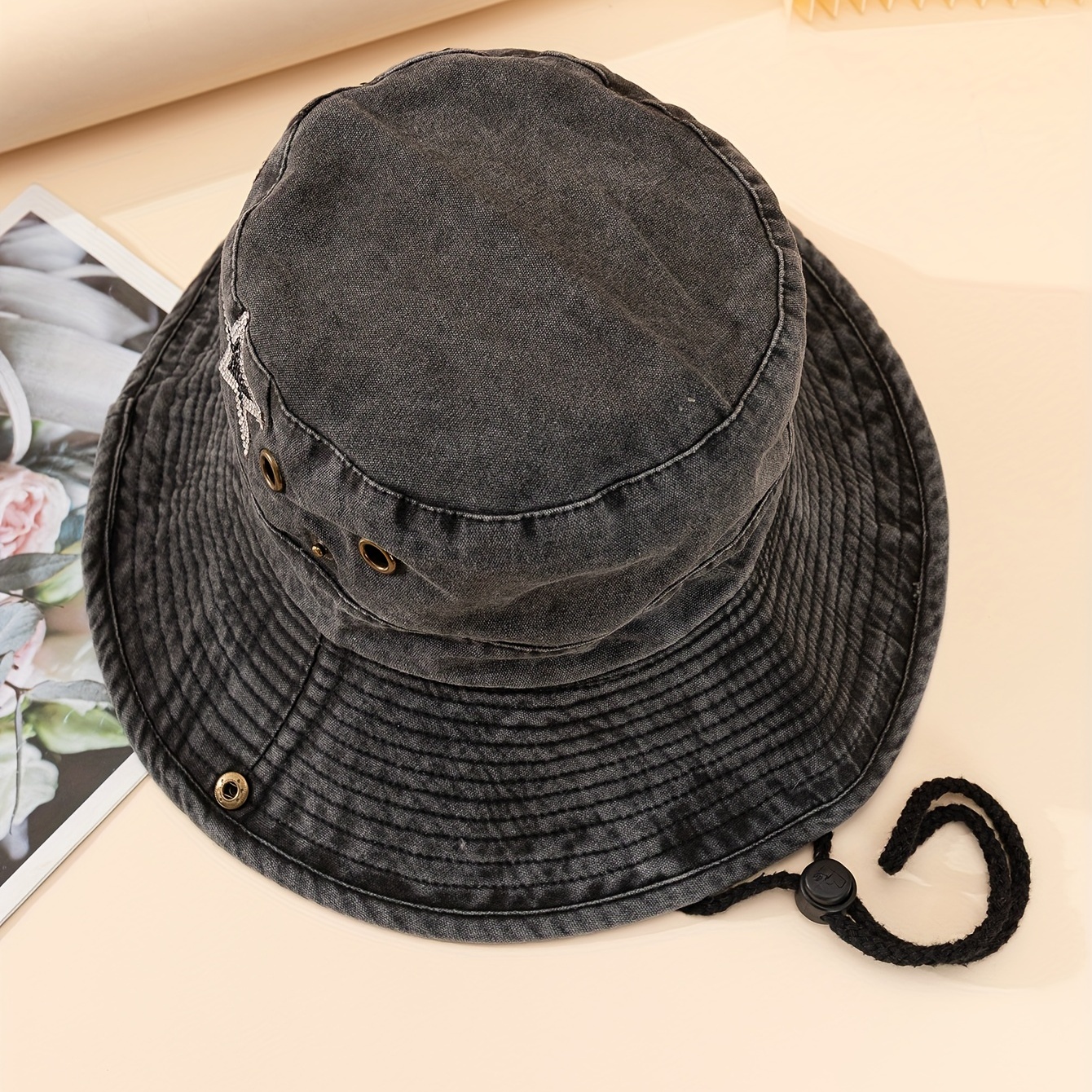 Rhinestone Pentagram Denim Bucket Hat Distressed Sun Hat Boonie Hats