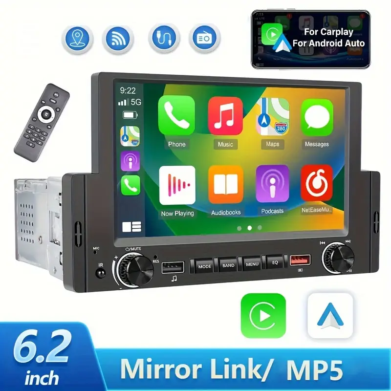 1 Din For Carplay Android Auto Car Stereo Radio Singe Din 6.2'' HD  Capacitance Touch Screen Autoradio Mirror Link BT FM Radio