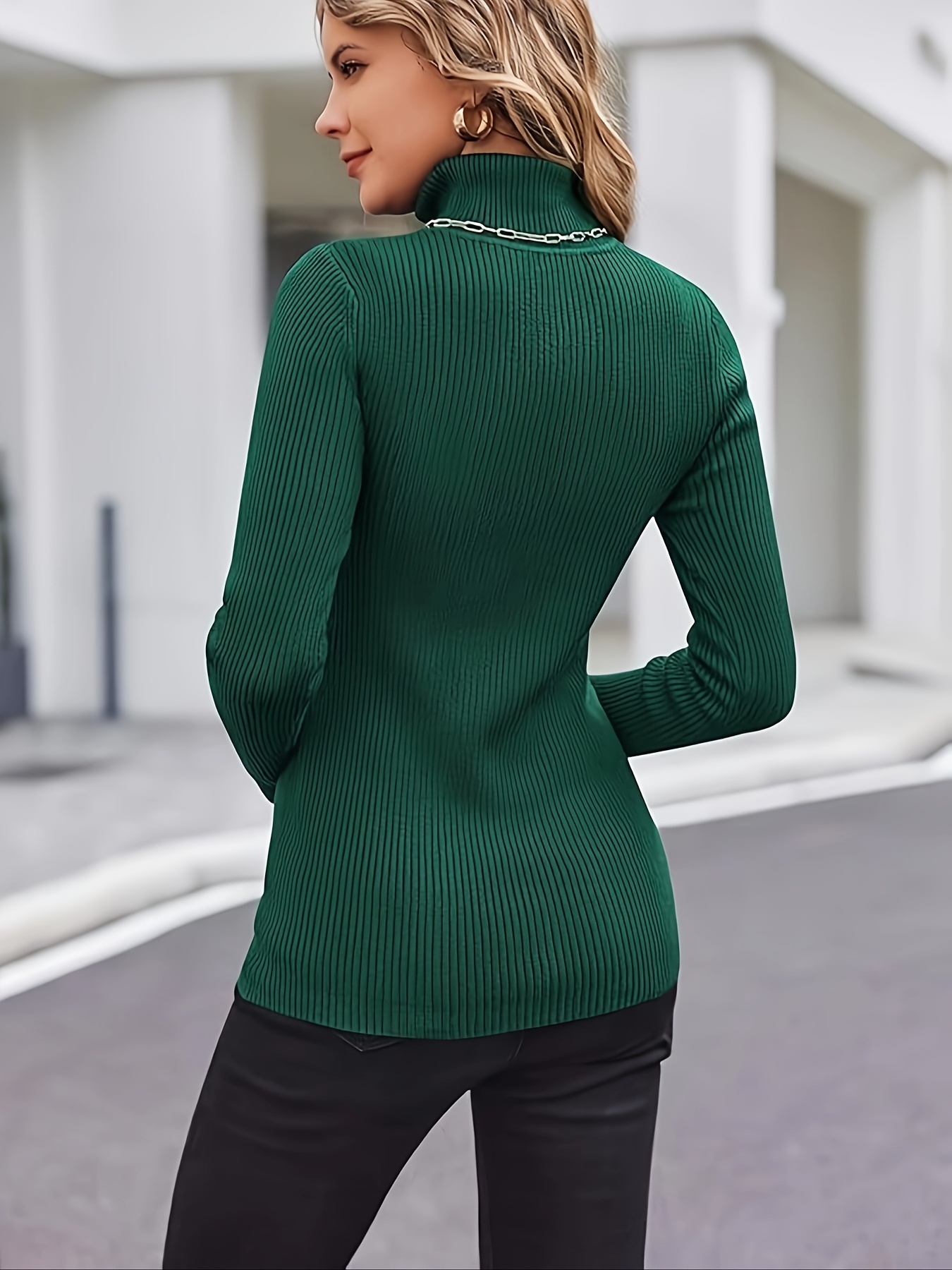 Turtleneck Rib Knit Sweater, Sexy Solid Slim Long Sleeve Sweawter, Women's Clothing