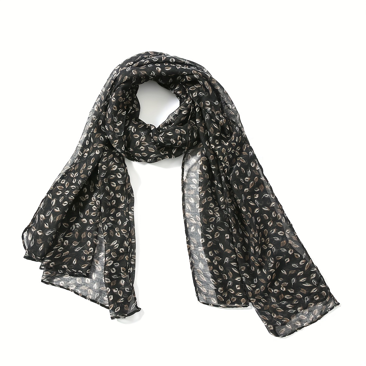 Leaf Print Voile Scarf Solid Shawl Casual Windproof Head Wrap