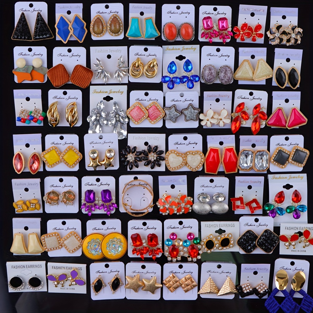 

12 Pairs Set Of Creative Colorful Different Shapes Stud Earrings Zinc Alloy Jewelry Rhinestones Inlaid Female Gift