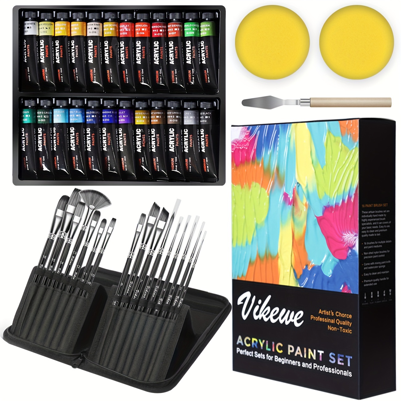 48-Piece Acrylic Paint Set with Professional-Grade Paints, Brushes, and  Canvas