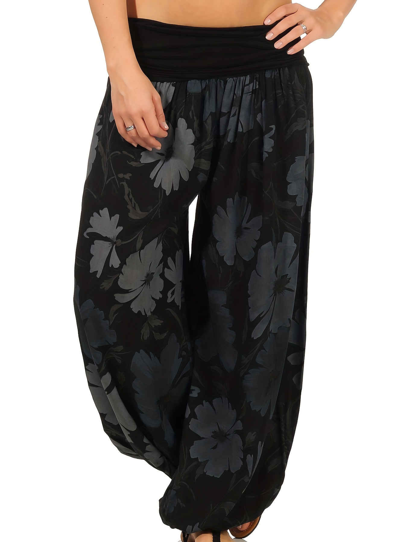 Plus Size Casual Pants Women's Plus Floral Print Waist Band - Temu