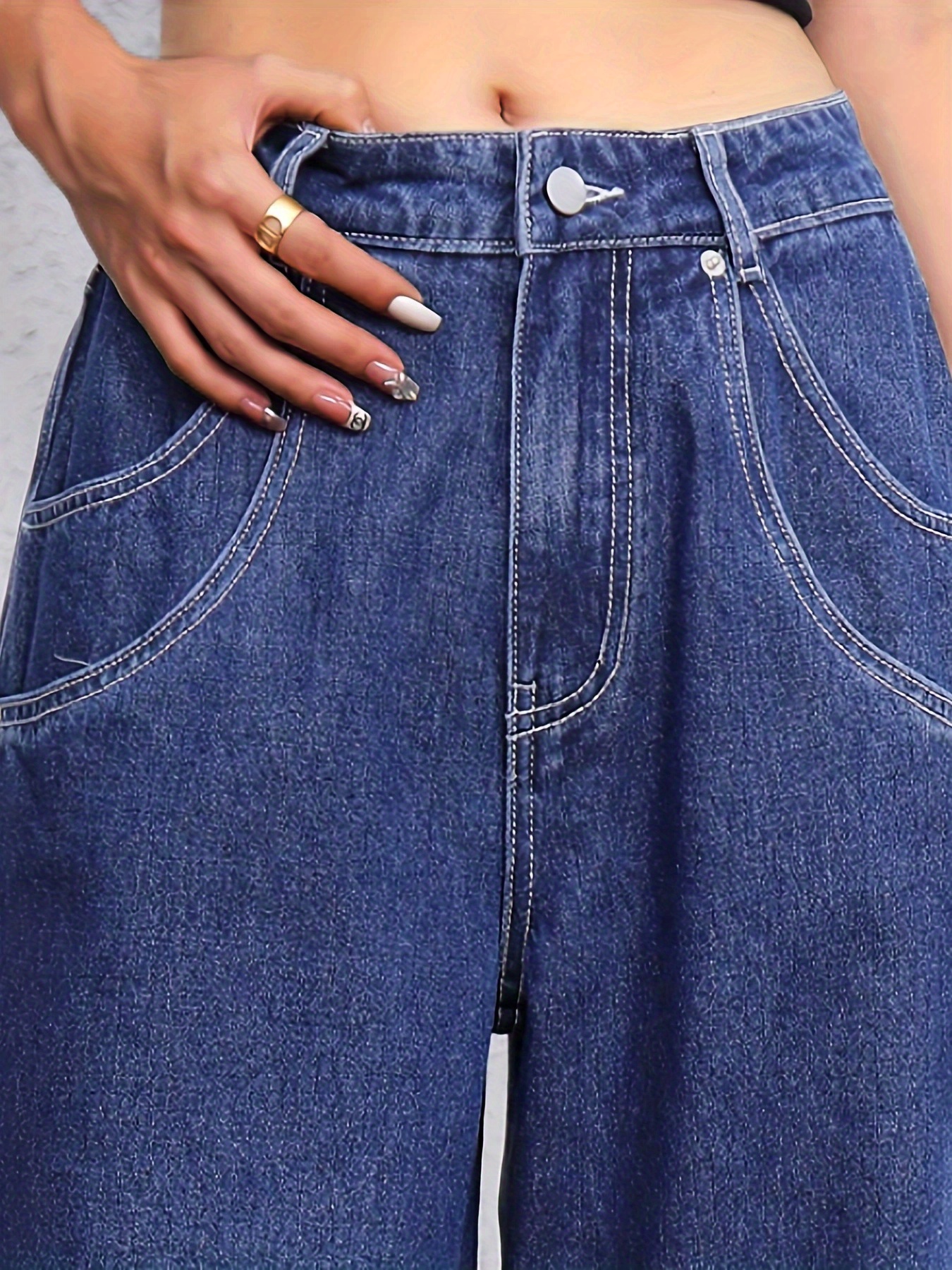 Double Pocket Detail Wide Leg Mopping Jeans * * Washed Blue Patch Leather  Loose Grunge Denim Pants, Women's Denim Jeans & Clothing