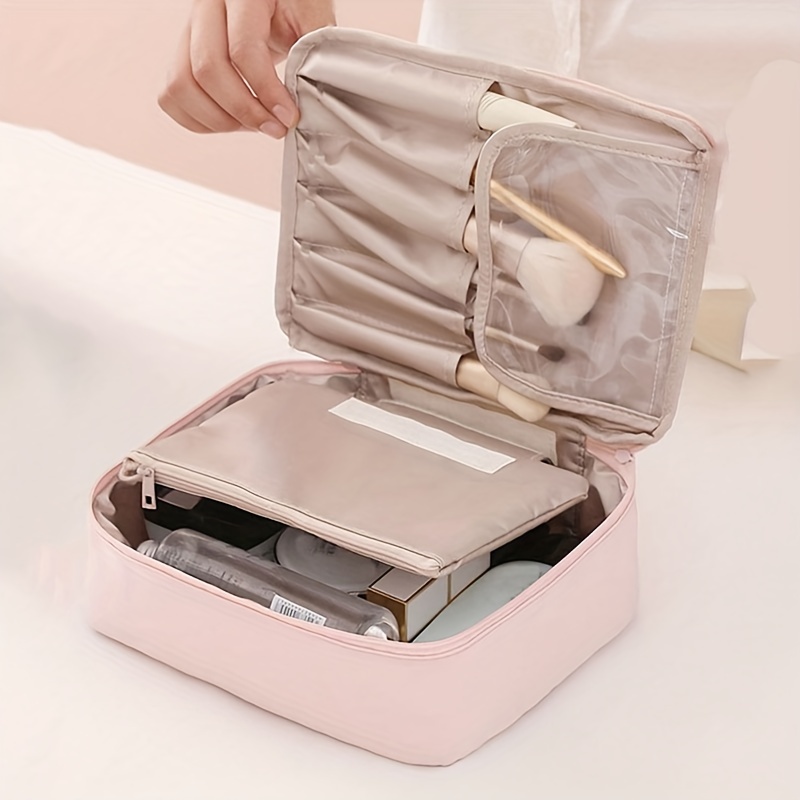

Travel Cosmetic Bag With Makeup Brush Holder Large Capacity Makeup Bag With Handle Waterproof Portable Toiletry Storage Case For Women Men