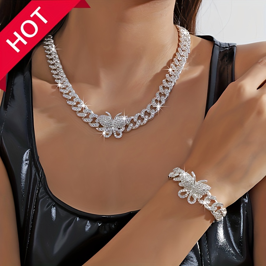 

1 Necklace + 1 Bracelet Hip Hop Style Jewelry Set Trendy Chain + Butterfly Design Paved Shining Rhinestone Golden Or Silvery Make Your Call