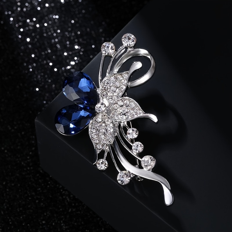New Rhinestone Flower Brooch Bouquet Blue Crystal Corsage Pins Broches Para  Ropa Mujer Gift For Women Girls
